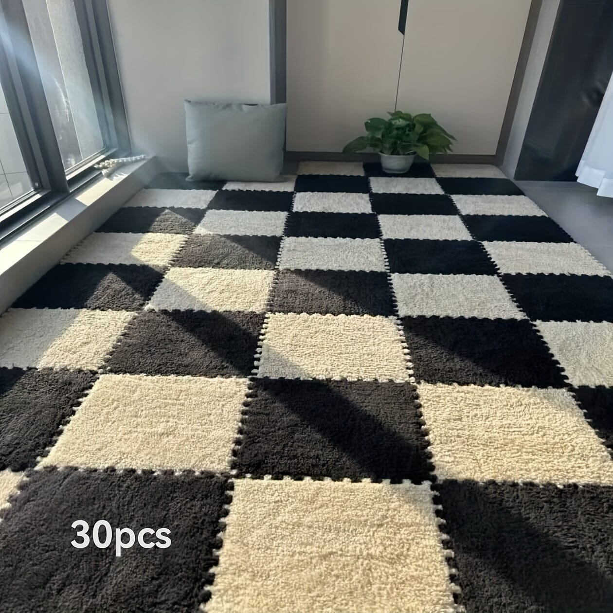 30pcs Thickened Plush Patchwork Carpet for Room, Bedroom, Cloakroom, Tatami, Rental House Renovation, Bedside Blanket, Four Seasons Game Room Loja da Dryka Black + Camel (washable And Cuttable) Width 30cm Length 30cm Thickness 1cm (30pcs)