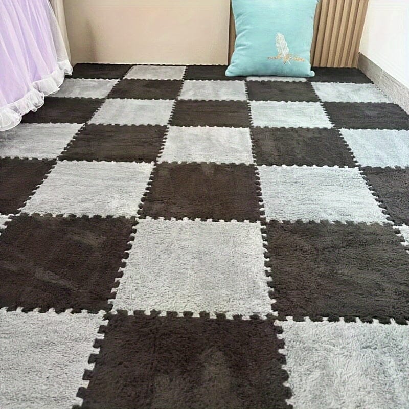 30pcs Thickened Plush Patchwork Carpet for Room, Bedroom, Cloakroom, Tatami, Rental House Renovation, Bedside Blanket, Four Seasons Game Room Loja da Dryka Black + Gray (washable And Cuttable) Width 30cm Length 30cm Thickness 1cm (30pcs)