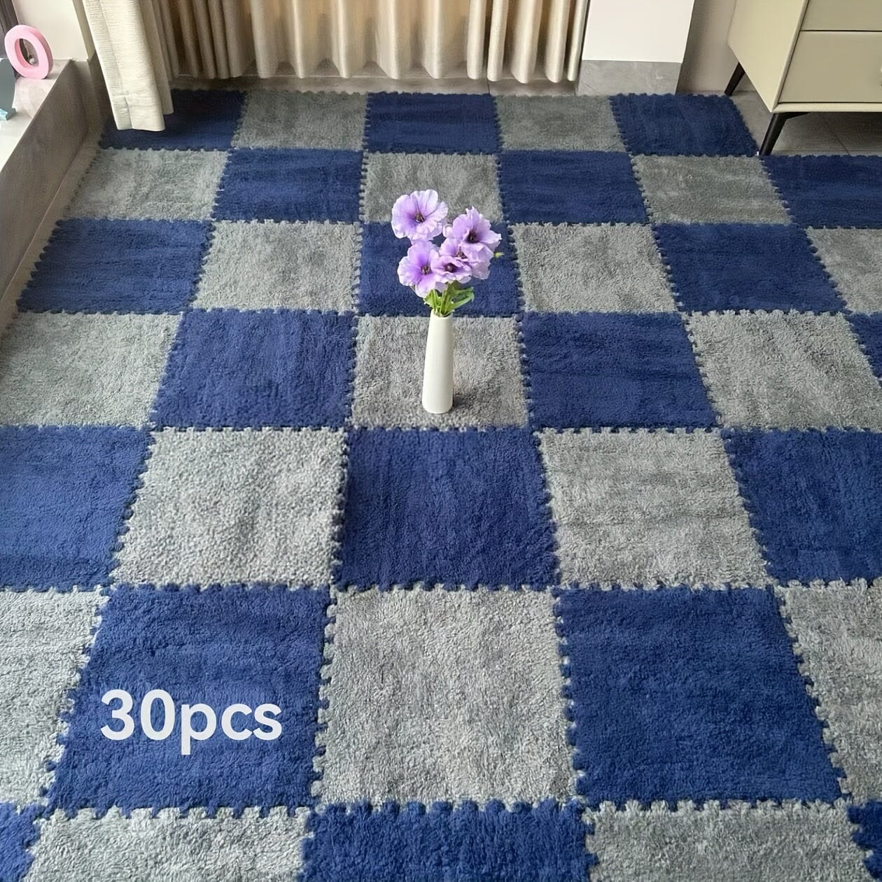 30pcs Thickened Plush Patchwork Carpet for Room, Bedroom, Cloakroom, Tatami, Rental House Renovation, Bedside Blanket, Four Seasons Game Room Loja da Dryka Gray + Navy Blue (washable And Cuttable) Width 30cm Length 30cm Thickness 1cm (30pcs)