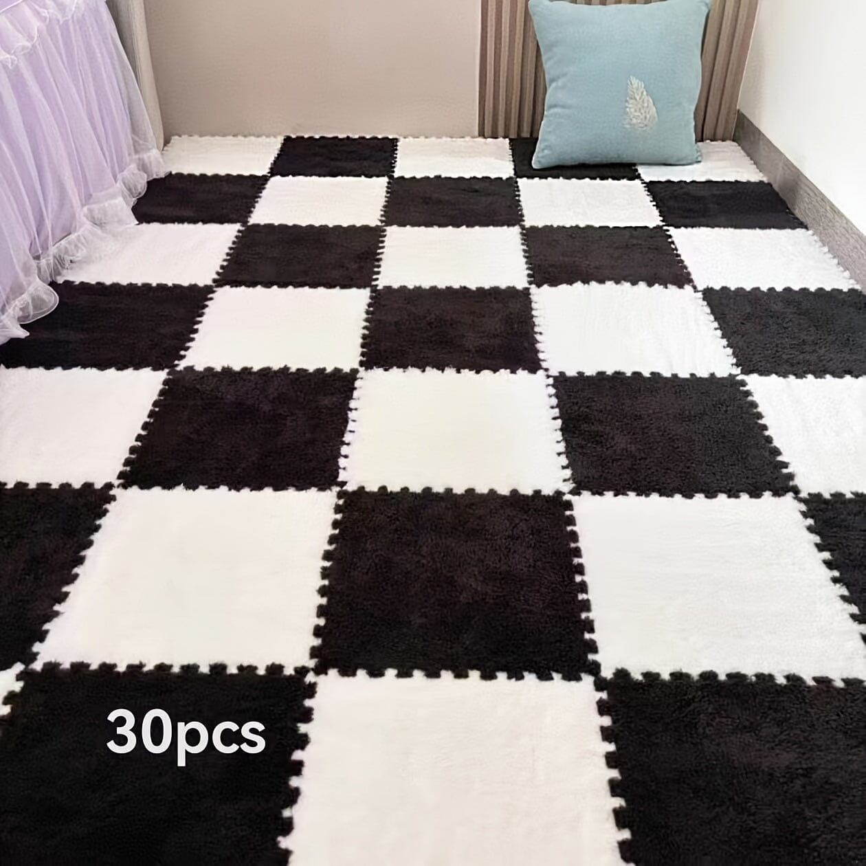 30pcs Thickened Plush Patchwork Carpet for Room, Bedroom, Cloakroom, Tatami, Rental House Renovation, Bedside Blanket, Four Seasons Game Room Loja da Dryka White + Black (washable And Cuttable) Width 30cm Length 30cm Thickness 1cm (30pcs)