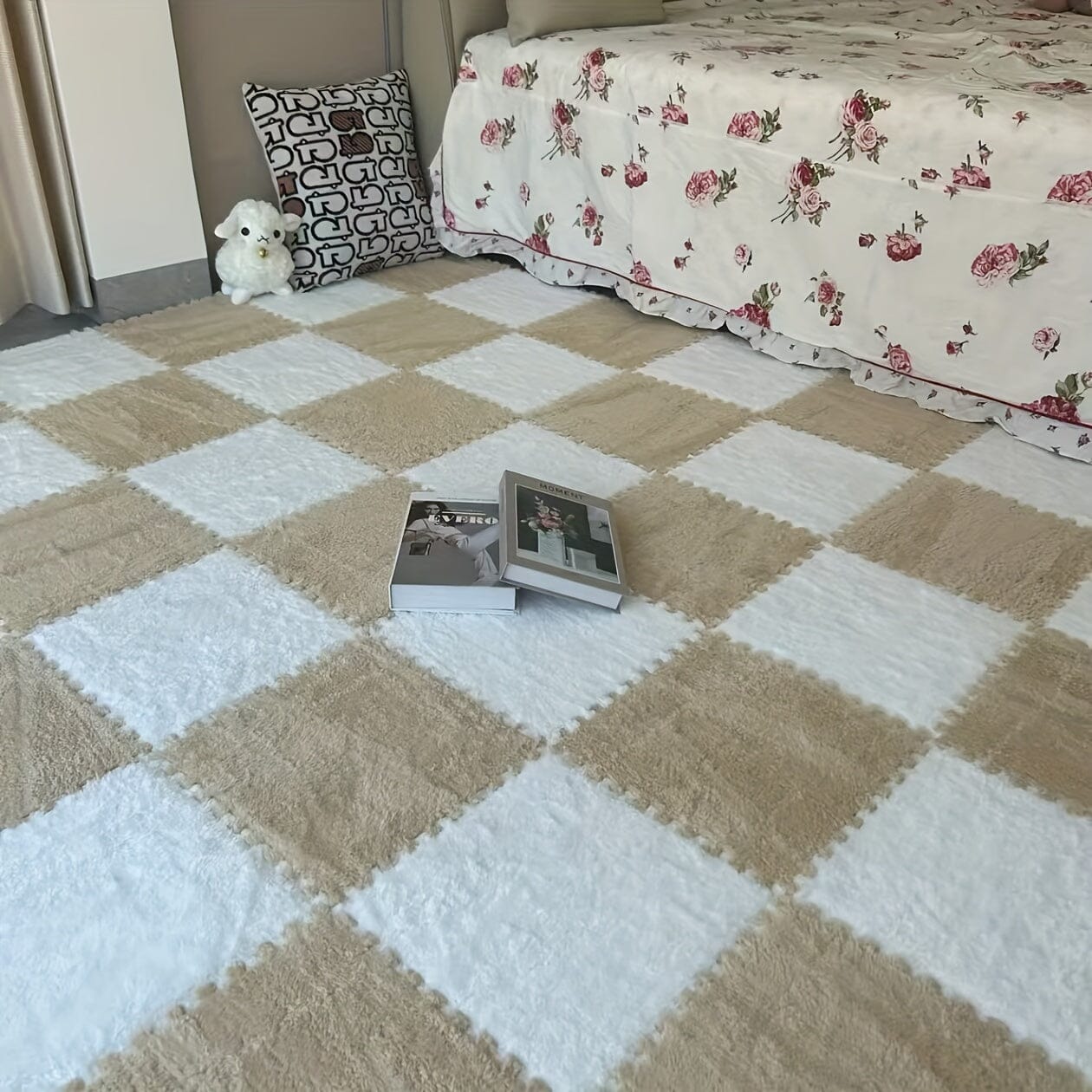 30pcs Thickened Plush Patchwork Carpet for Room, Bedroom, Cloakroom, Tatami, Rental House Renovation, Bedside Blanket, Four Seasons Game Room Loja da Dryka White + Camel (washable And Cuttable) Width 30cm Length 30cm Thickness 1cm (30pcs)