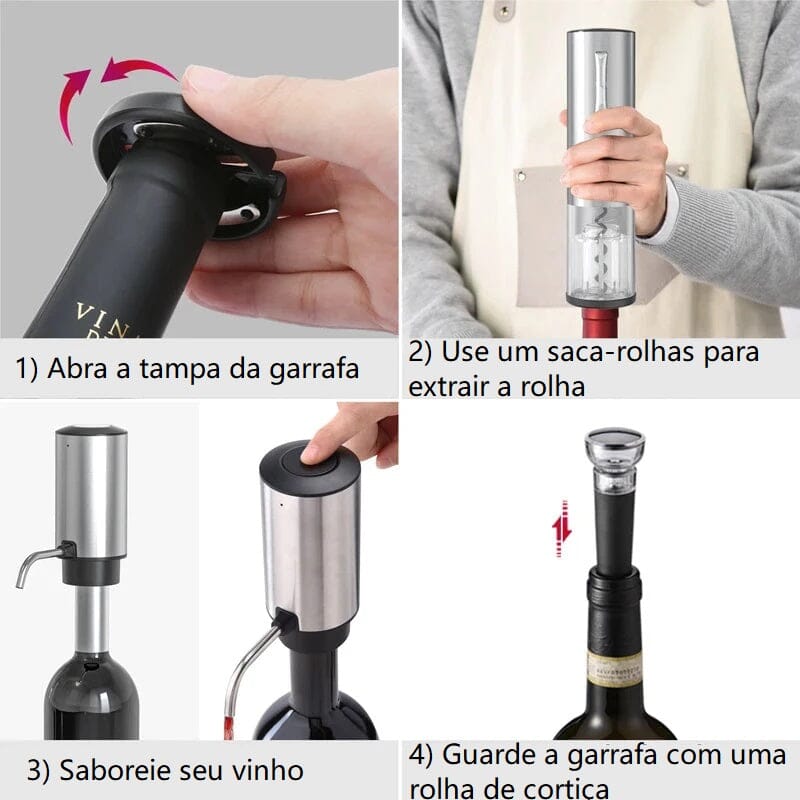 Abridor de Vinho Elétrico em Inox 4 em 1 - Easy Wine casa - abridor vinho Loja da Dryka