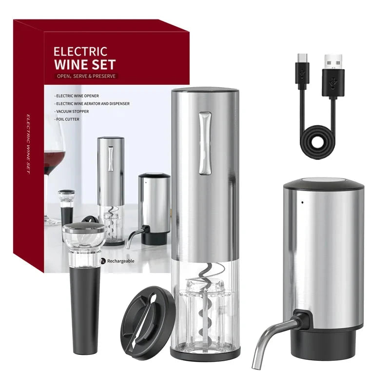 Abridor de Vinho Elétrico em Inox 4 em 1 - Easy Wine Loja da Dryka Kit 4 em 1