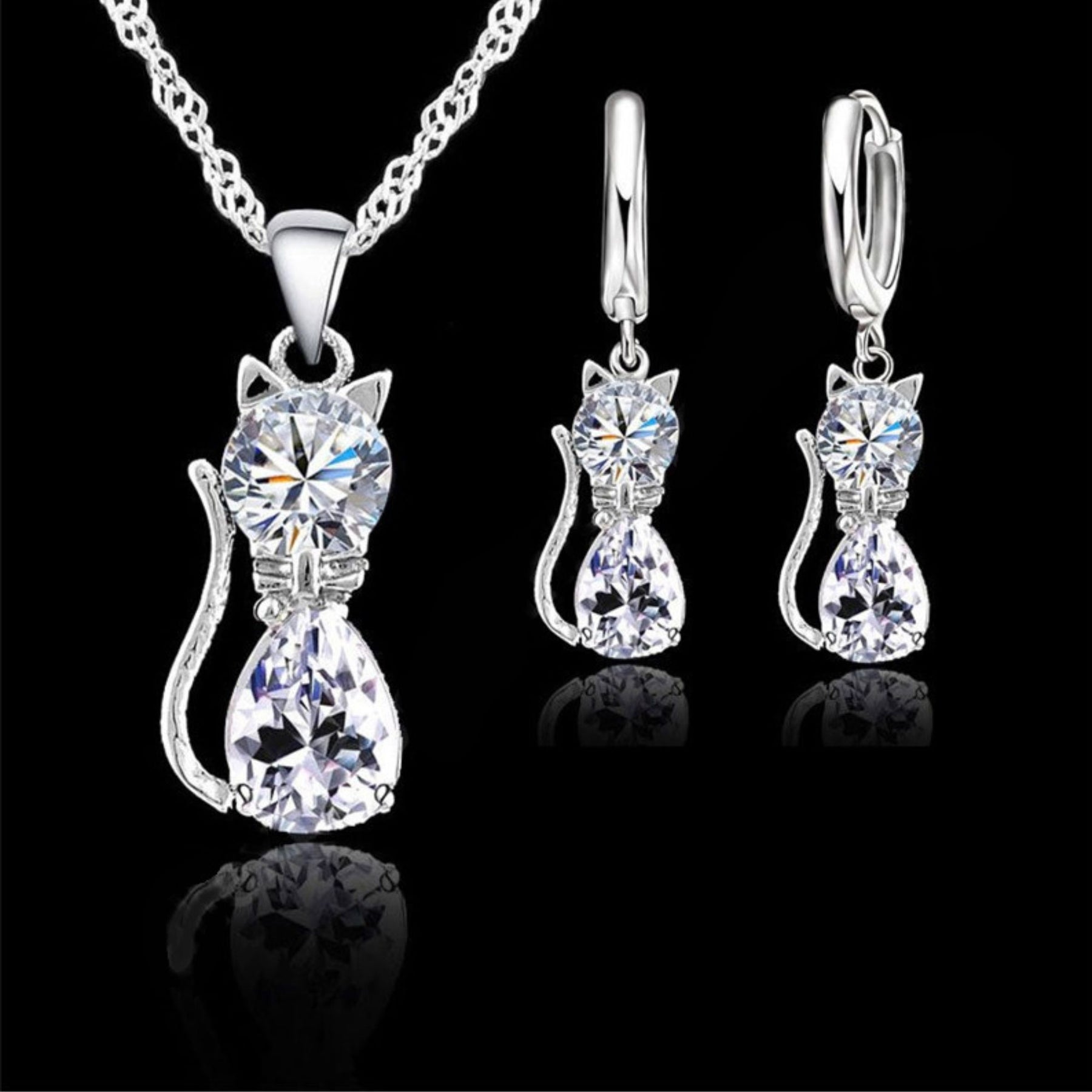 Conjunto de Joias Femininas: Brincos e Colar em Prata 925 colar e brincos gato Loja da Dryka