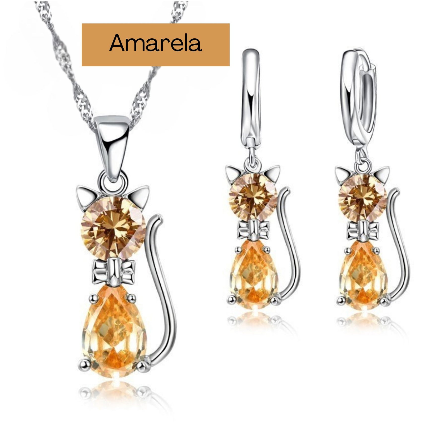 Conjunto de Joias Femininas: Brincos e Colar em Prata 925 colar e brincos gato Loja da Dryka Amarela