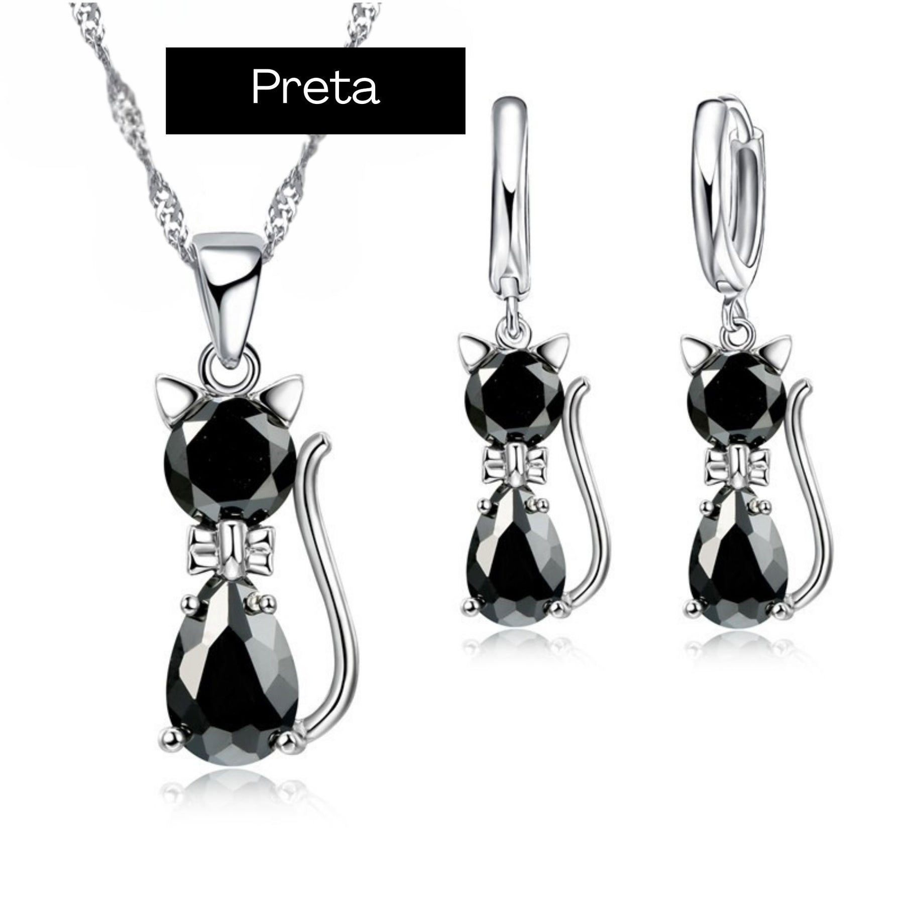 Conjunto de Joias Femininas: Brincos e Colar em Prata 925 colar e brincos gato Loja da Dryka Preta