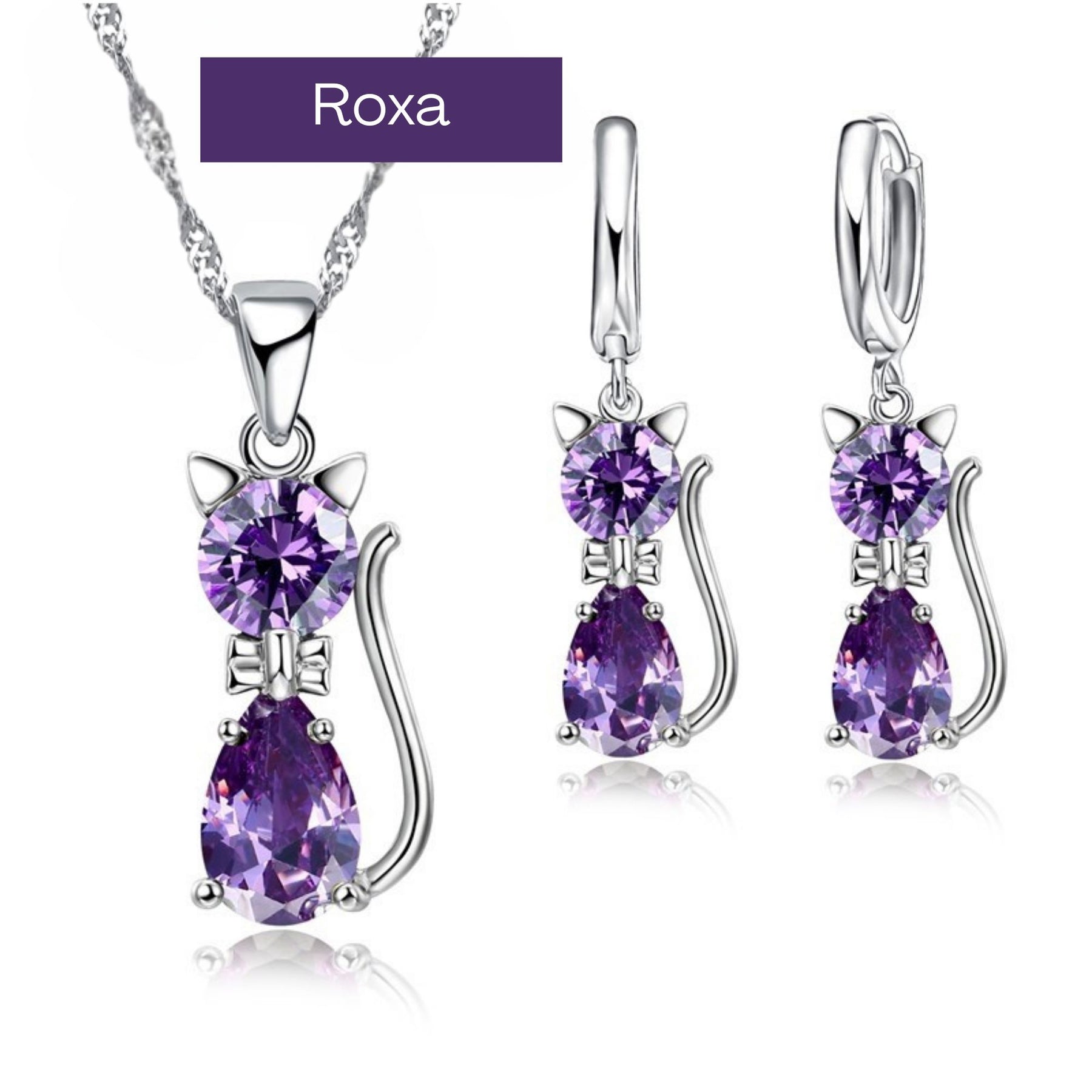 Conjunto de Joias Femininas: Brincos e Colar em Prata 925 colar e brincos gato Loja da Dryka Roxo