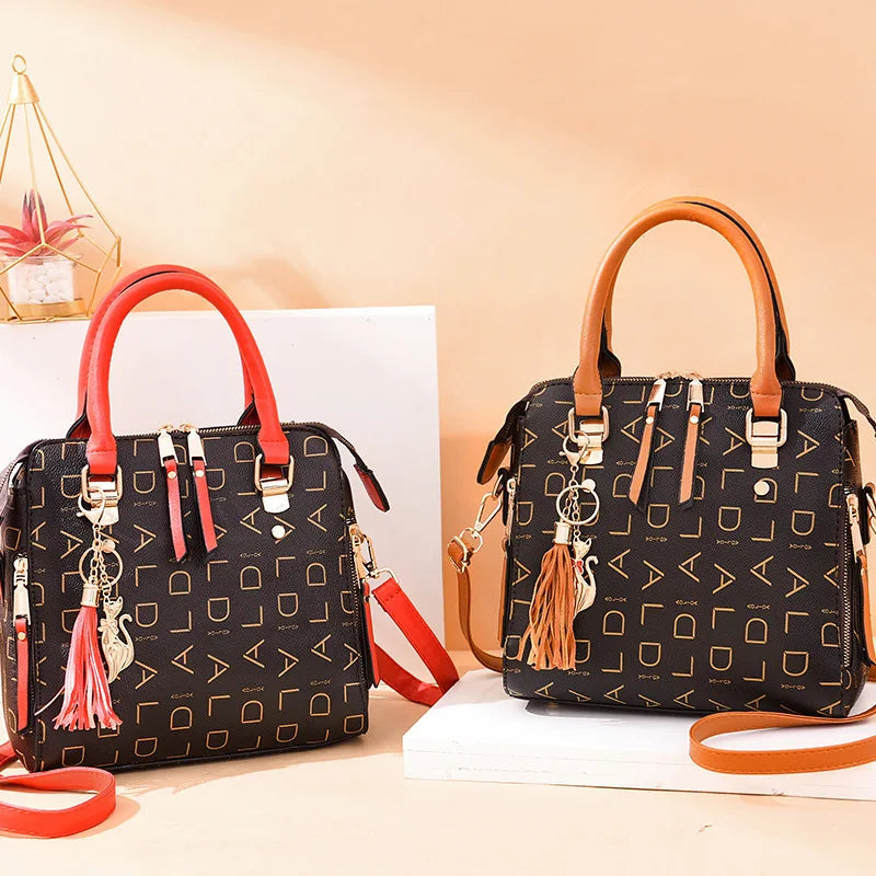Fashion English Letter Handbag Women PU Leather Tassel Top-handle Bag Luxury Shoulder Bag Large Capacity Lady Tote Design Purse Loja da Dryka