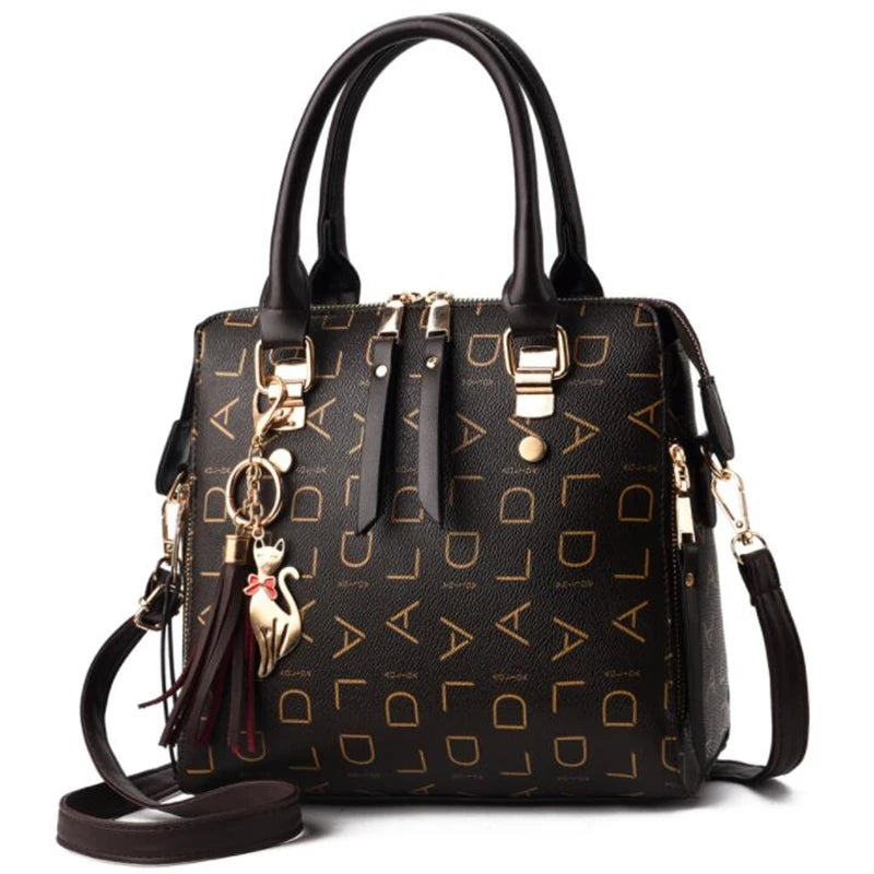 Fashion English Letter Handbag Women PU Leather Tassel Top-handle Bag Luxury Shoulder Bag Large Capacity Lady Tote Design Purse Loja da Dryka black 24x13x23cm
