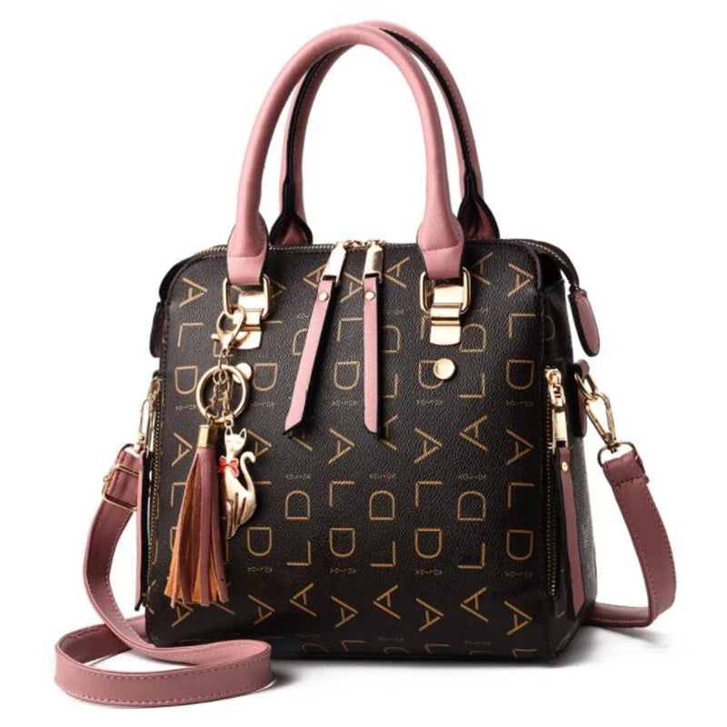 Fashion English Letter Handbag Women PU Leather Tassel Top-handle Bag Luxury Shoulder Bag Large Capacity Lady Tote Design Purse Loja da Dryka pink 24x13x23cm