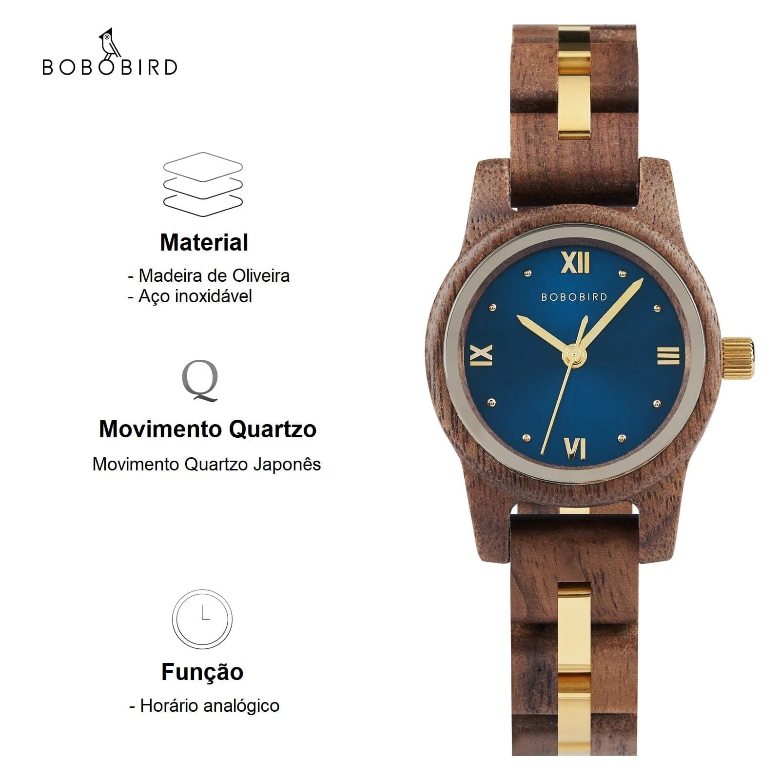 Relógio Feminino de Madeira Bobo Bird - Classic Wood relogio feminino - classic wood Loja da Dryka Azul
