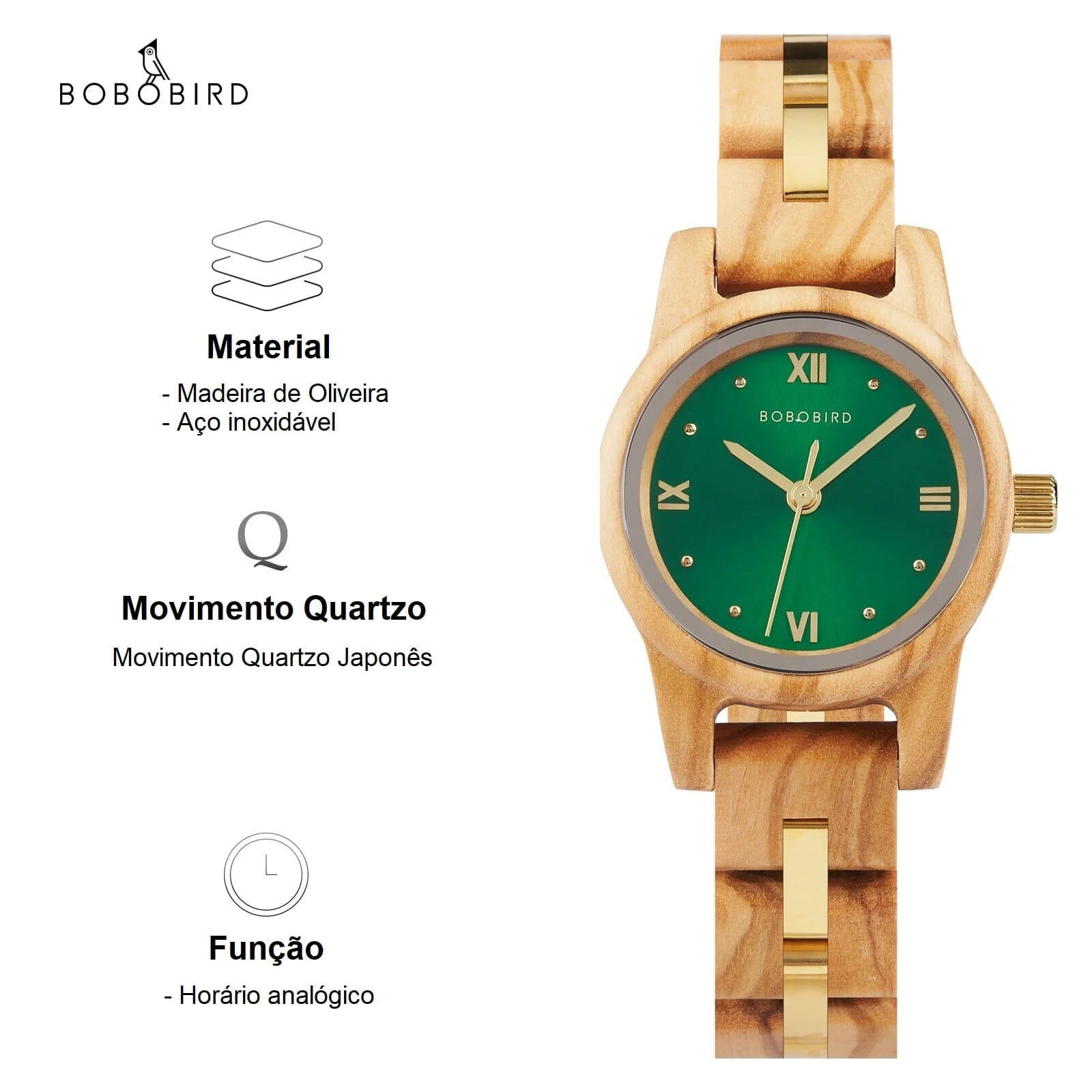 Relógio Feminino de Madeira Bobo Bird - Classic Wood relogio feminino - classic wood Loja da Dryka Verde