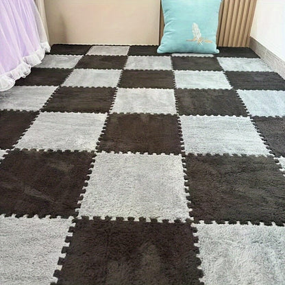 30pcs Thickened Plush Patchwork Carpet for Room, Bedroom, Cloakroom, Tatami, Rental House Renovation, Bedside Blanket, Four Seasons Game Room Loja da Dryka Black + Gray (washable And Cuttable) Width 30cm Length 30cm Thickness 1cm (30pcs) 