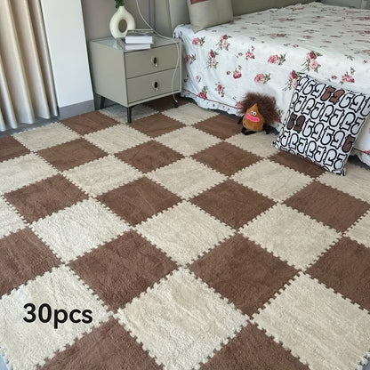 30pcs Thickened Plush Patchwork Carpet for Room, Bedroom, Cloakroom, Tatami, Rental House Renovation, Bedside Blanket, Four Seasons Game Room Loja da Dryka coffee color + camel color (washable and cuttable) Width 30cm Length 30cm Thickness 1cm (30pcs) 