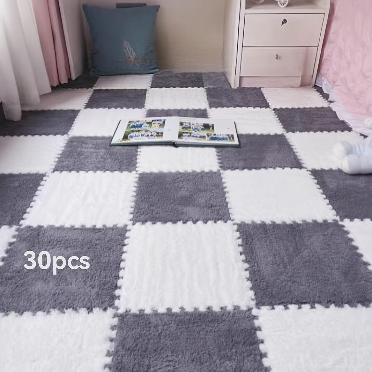 30pcs Thickened Plush Patchwork Carpet for Room, Bedroom, Cloakroom, Tatami, Rental House Renovation, Bedside Blanket, Four Seasons Game Room Loja da Dryka Gray + White (washable And Cuttable) Width 30cm Length 30cm Thickness 1cm (30pcs) 