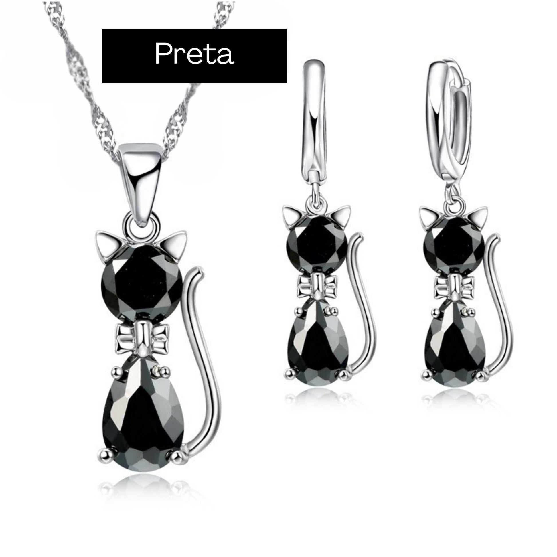 Conjunto de Joias Femininas: Brincos e Colar em Prata 925 colar e brincos gato Loja da Dryka Preta 