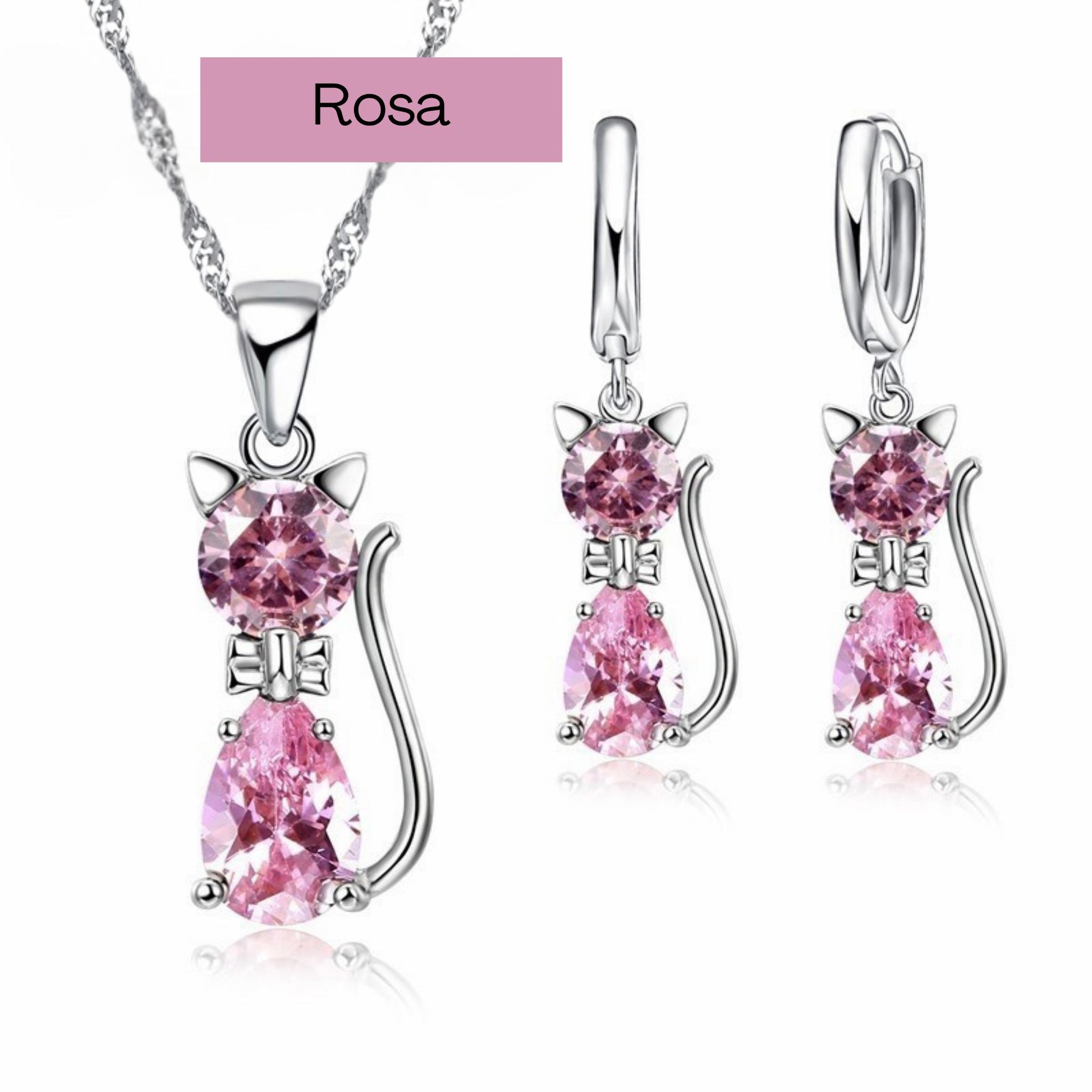 Conjunto de Joias Femininas: Brincos e Colar em Prata 925 colar e brincos gato Loja da Dryka Rosa 