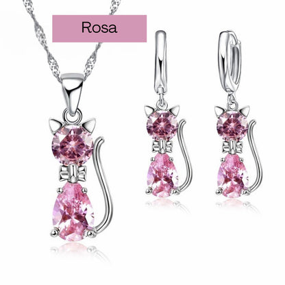 Conjunto de Joias Femininas: Brincos e Colar em Prata 925 colar e brincos gato Loja da Dryka Rosa 