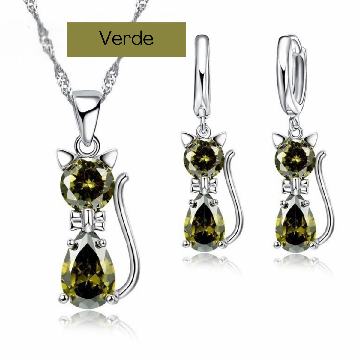 Conjunto de Joias Femininas: Brincos e Colar em Prata 925 colar e brincos gato Loja da Dryka Verde 