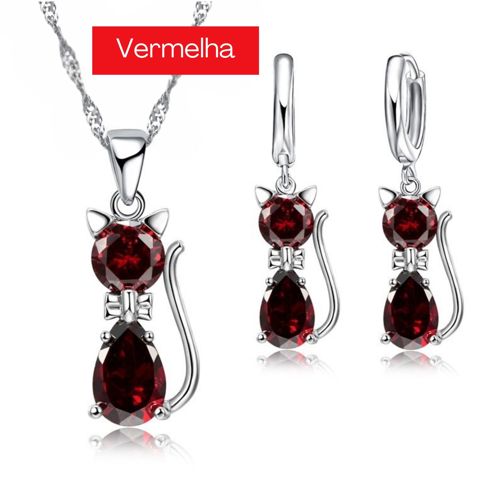 Conjunto de Joias Femininas: Brincos e Colar em Prata 925 colar e brincos gato Loja da Dryka Vermelha 