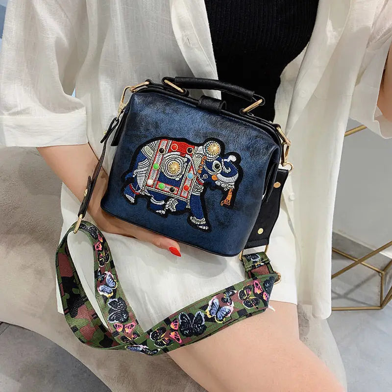 Designer Luxury Handbags Crossbody Bags Elephant Embroidered Bags for Women Leather Handbag Messenger Bag Purses Satchels Loja da Dryka Blue 18X15X10cm 