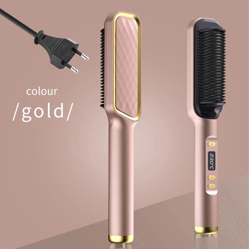 Electric Hot Comb Multifunctional Straight Hair Straightener Comb Negative Ion Anti-Scalding Styling Tool Straightening Brush Loja da Dryka Champagne color EU 
