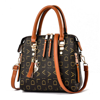 Fashion English Letter Handbag Women PU Leather Tassel Top-handle Bag Luxury Shoulder Bag Large Capacity Lady Tote Design Purse Loja da Dryka brown 24x13x23cm 