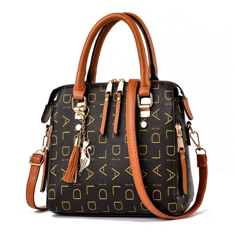 Fashion English Letter Handbag Women PU Leather Tassel Top-handle Bag Luxury Shoulder Bag Large Capacity Lady Tote Design Purse Loja da Dryka brown 24x13x23cm 
