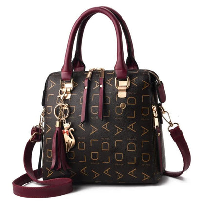 Fashion English Letter Handbag Women PU Leather Tassel Top-handle Bag Luxury Shoulder Bag Large Capacity Lady Tote Design Purse Loja da Dryka deepred 24x13x23cm 