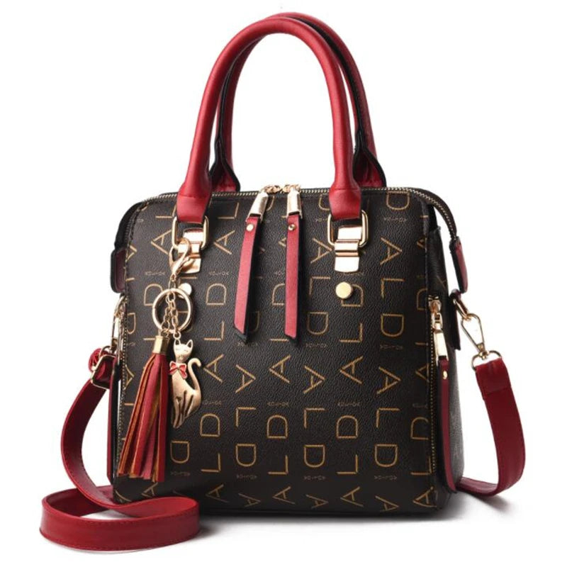 Fashion English Letter Handbag Women PU Leather Tassel Top-handle Bag Luxury Shoulder Bag Large Capacity Lady Tote Design Purse Loja da Dryka winered 24x13x23cm 