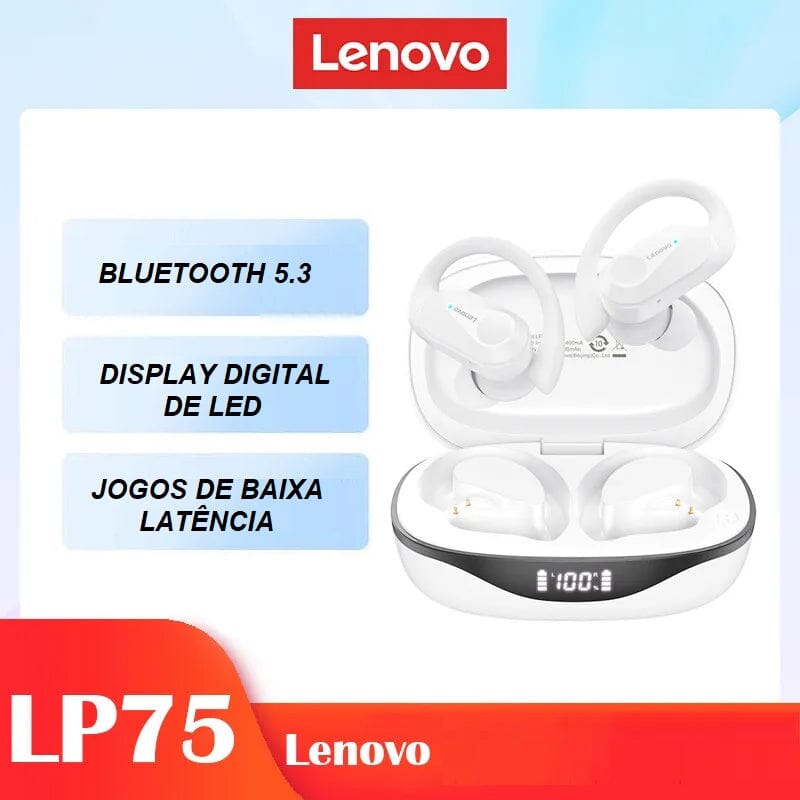 Fone de Ouvido Esportivo Bluetooth - Lenovo LP75 TWS fone de ouvido 001 Loja da Dryka LP75 Branco 