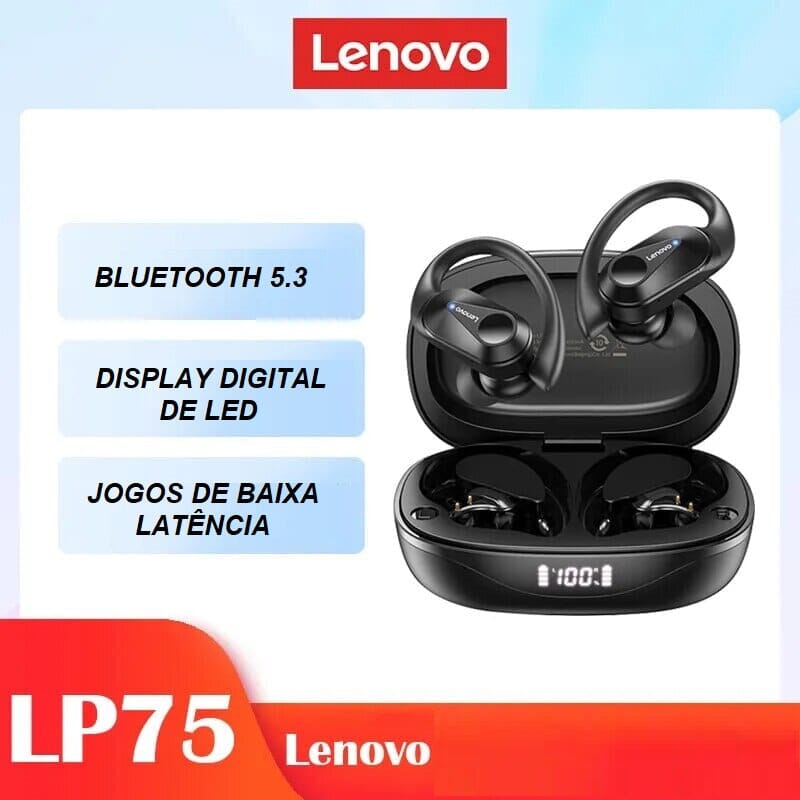 Fone de Ouvido Esportivo Bluetooth - Lenovo LP75 TWS fone de ouvido 001 Loja da Dryka LP75 Preto 