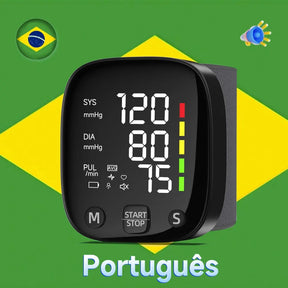 New LED Rechargeable Wrist Blood Pressure Monitor English / Russian / Portuguese / Spanish Voice Broadcast Tonometer BP Monitor Loja da Dryka Portuguese Voice 