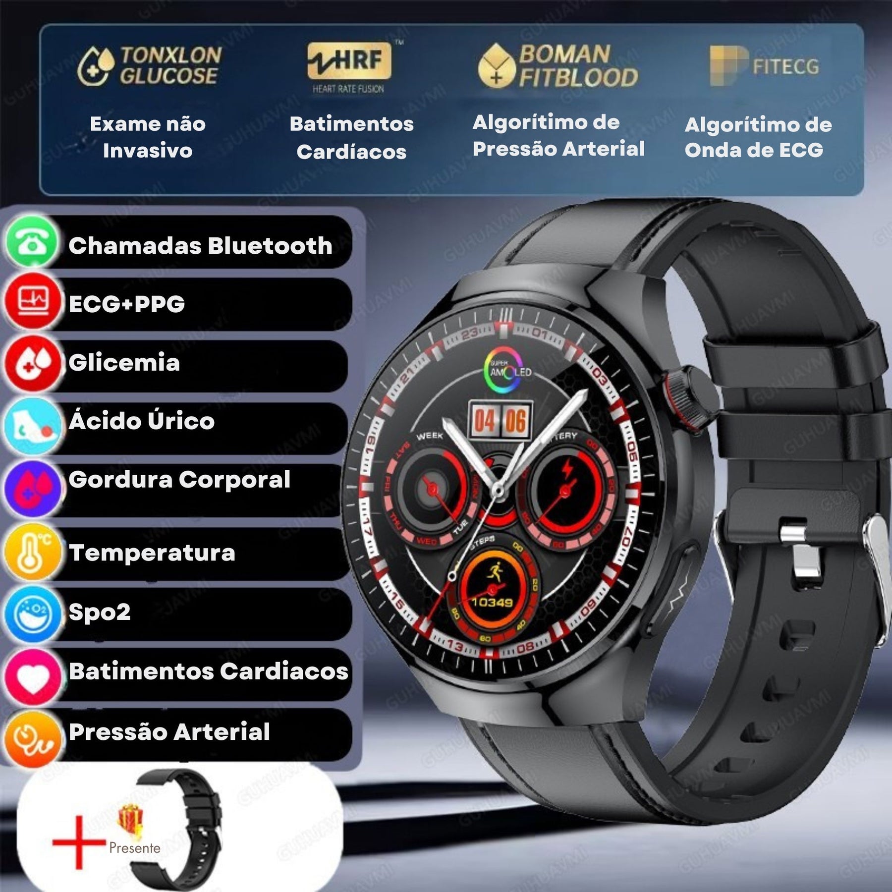 Relógio Smartwatch Feminino - Live Metrics Relógio Smartwatch - Live Metrics Loja da Dryka Preto Couro 
