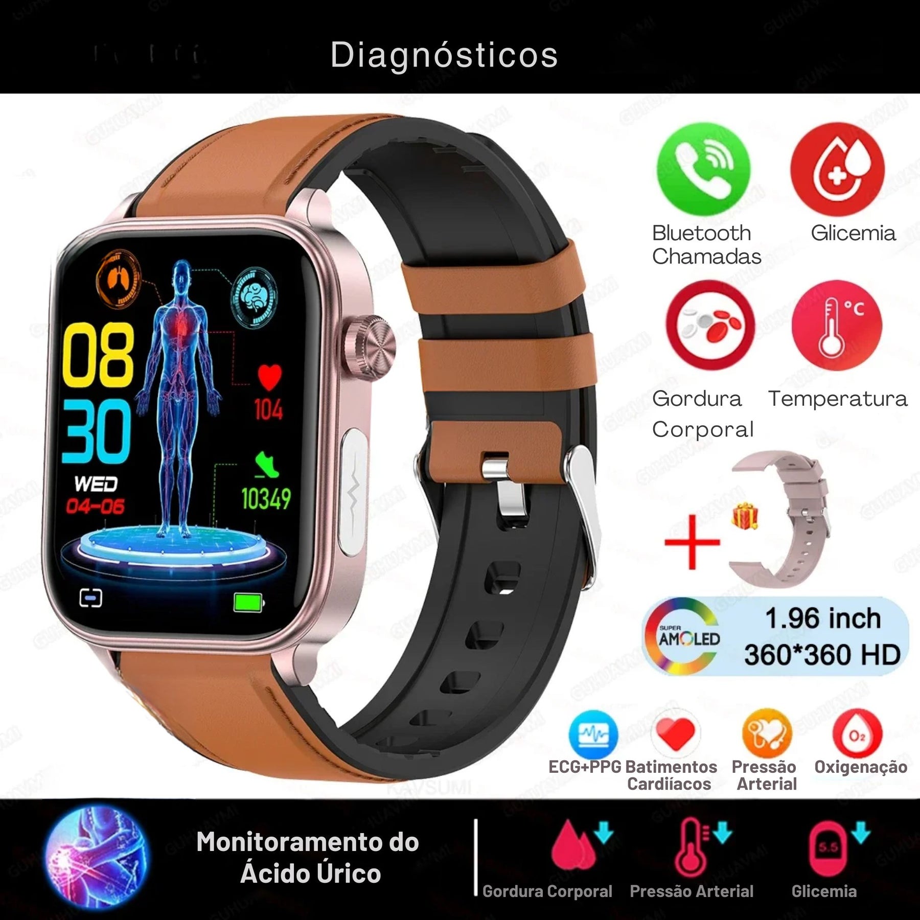 Relógio Smartwatch - Live Metrics Smartwatch Masculino - Live Metrics Loja da Dryka Marrom Couro 